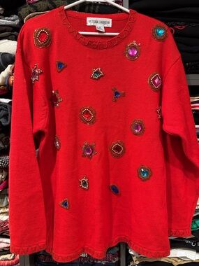 Victoria Harbour Red Jeweled Embellished Sweater